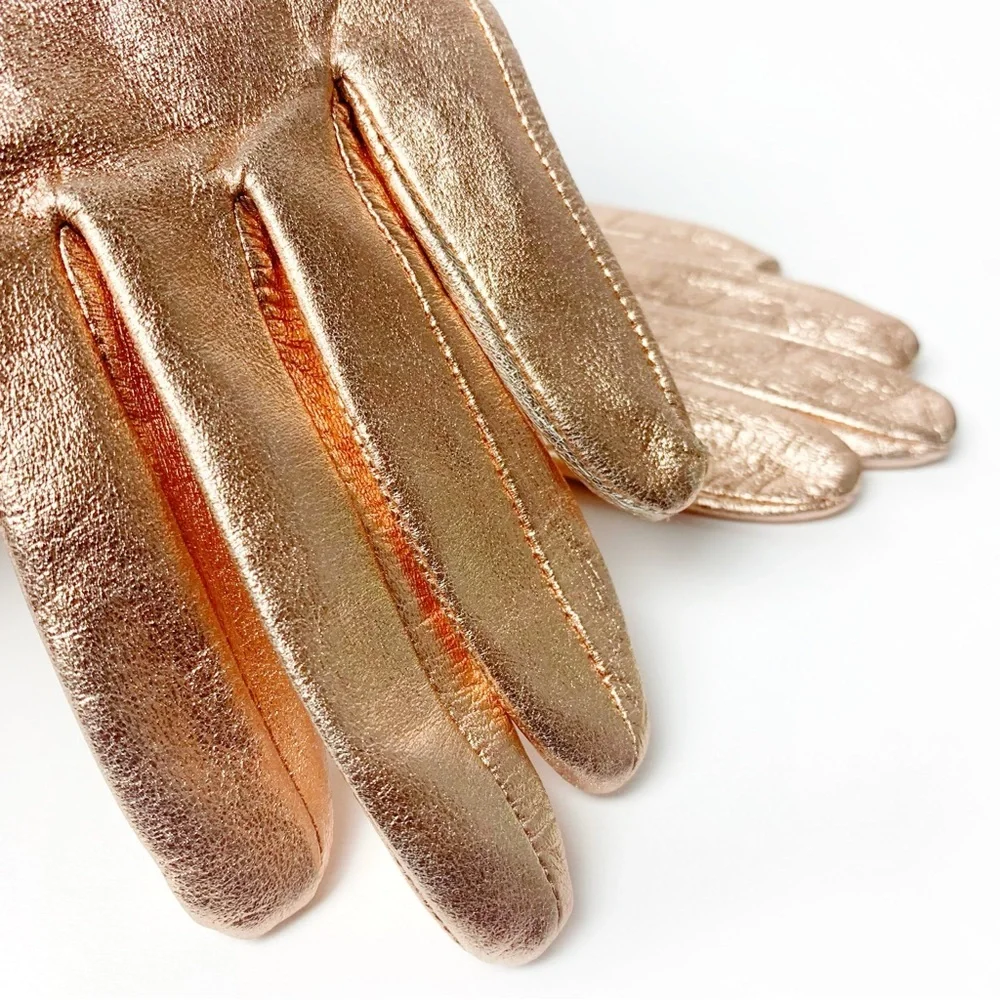 Metallic Rose Gold Leather Silk Lined Women's Gloves NWT